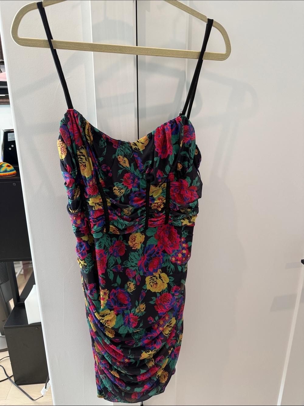 SHEIN Black Spaghetti-Strap Ruched Mini Dress with Multicolor Floral Print